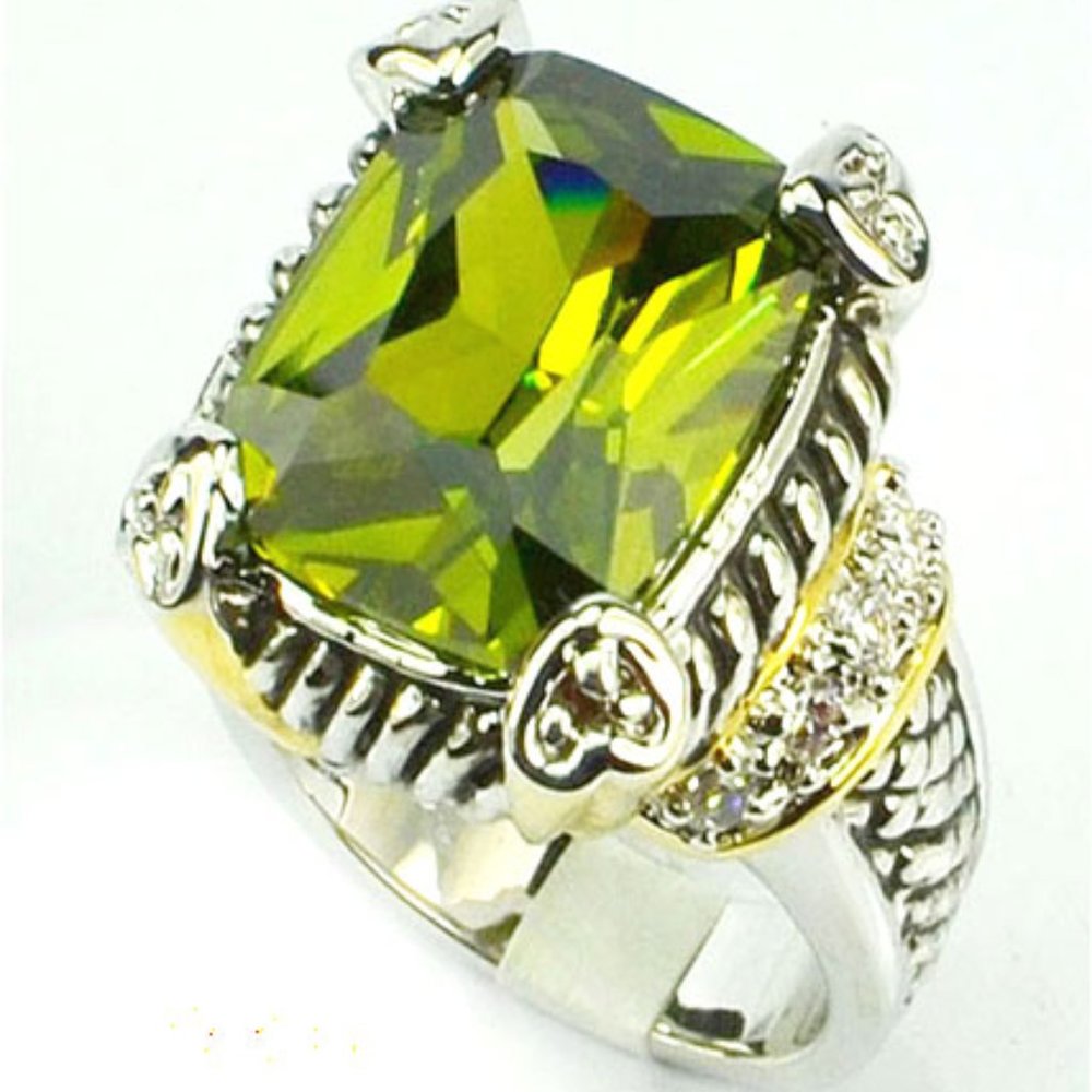 LARGE PERIDOT CZ RING SET IN RHODIUM PLATE RING